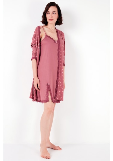 Lela Dantel Detaylı Yırtmaçlı Sabahlıklı Bayan Gecelik 6097580 Gül Kurusu