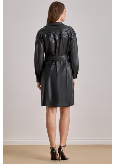 Diz Üstü Siyah Deri Elbise Siyah