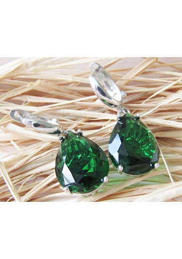 Lilahgümüştr Gümüş Damla Yeşil Taşlı Kadın Küpe