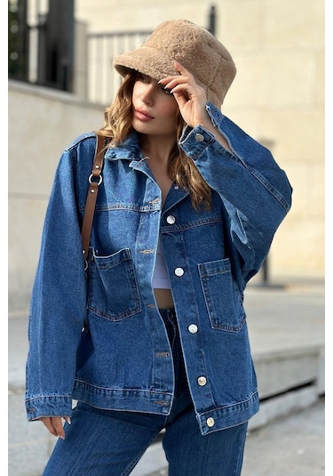 Kadın Mavi Apaş Yaka, Çift Cepli, Kaliteli Jeans Kumaş, Salaş Kot Ceket Mavi