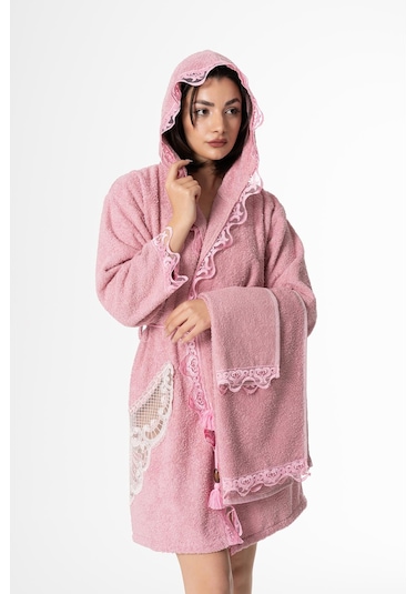 Flora Gelin Bornoz Seti 5 Parça Dantelli Çeyiz Bayan Bornoz Seti Pembe