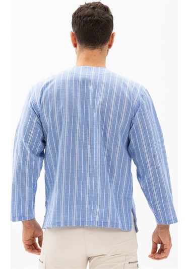 Uzun Kol Şile Bezi Zımbalı Erkek Tshirt Mavi Beyaz Çizgili 3019