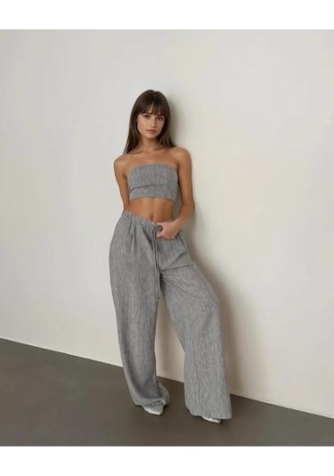 Sırt Lastikli Spor Straplez Askısız Sırt Bağlamalı Crop Cepli Beli Esnek Pantolon Günlük Keten Takım Gri Sırt Lastikli Spor Straplez Askısız Sırt Bağlamalı Crop Cepli Beli Esnek Pantolon Günlük Keten Takım Gri