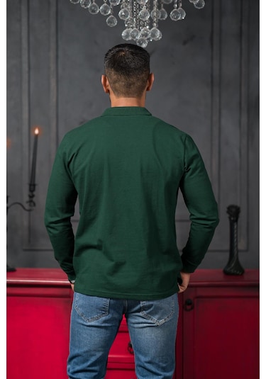 San&fa Regular Fit Polo Yaka Uzun Kol Pamuklu Baharlık Sweatshirt Yeşil