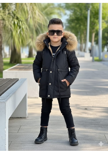 Modavals Erkek Çocuk Garson Beden İthal Tak Çıkar Kürklü Cepli Fermuarlı Düğmeli Bondit Kumaş Kışlık Mont-siyah 851247962 Çok Renkli