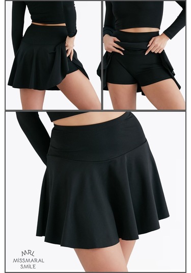 Siyah Yüksek Bel Volanlı Şortlu Spor Etek Deniz Şortu Skirt With Shorts 1101 Siyah