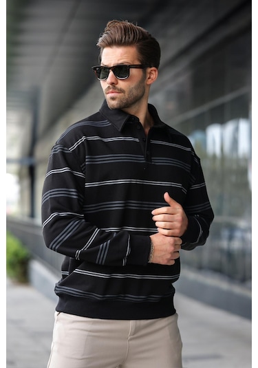 Madmext Siyah Çizgili Polo Yaka Erkek Sweatshirt E7172 Siyah