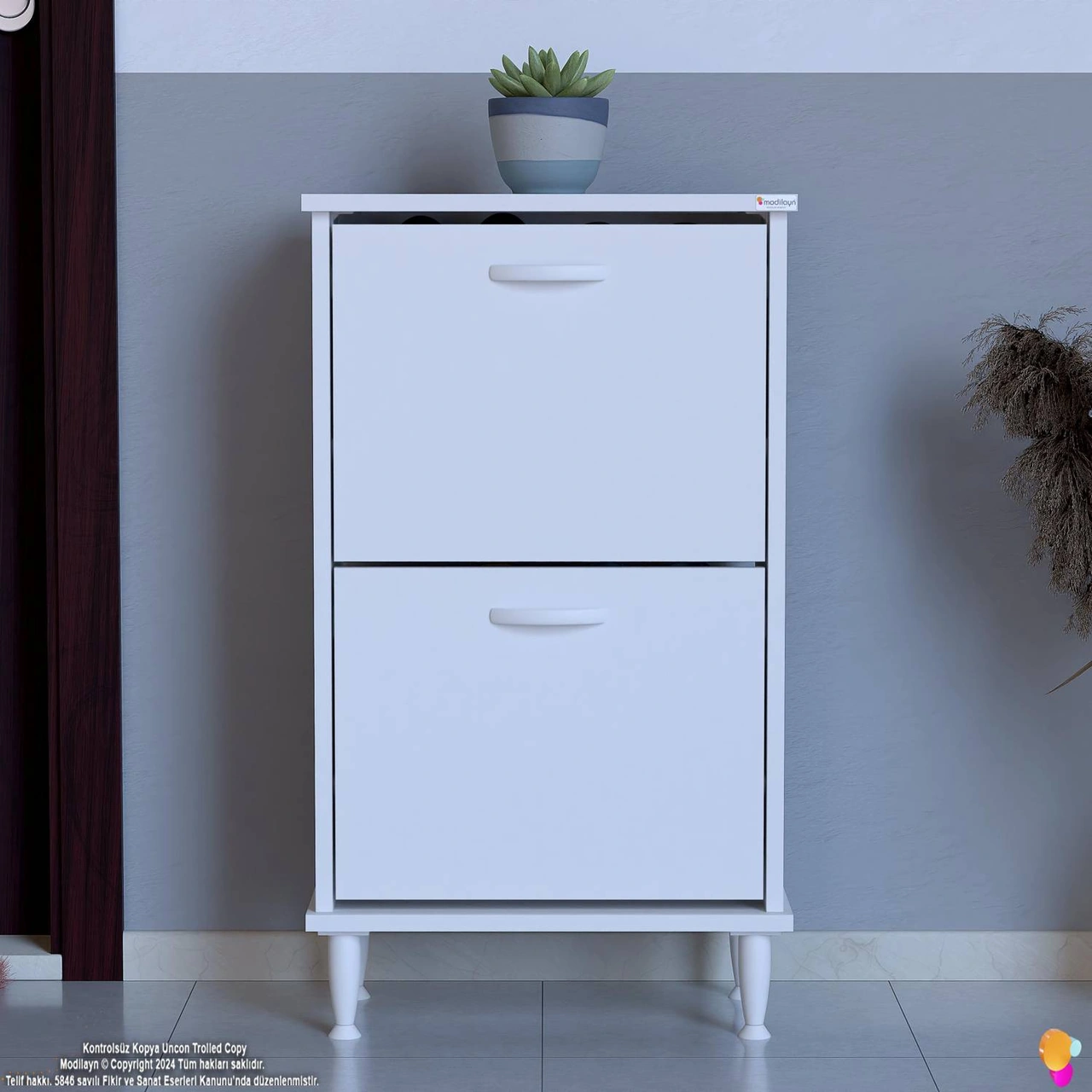 Asaf Beyaz Renk 52 Cm Kapı Önü Ayakkabılık 2 Düşer Kapak 4 Göz Bölmeli Ayakkabılık 52x90x25,5 Cm Beyaz