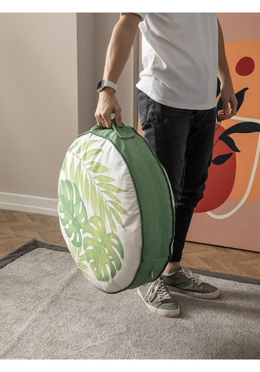 Yeşil Bitki Ve Palmiye Desenli Puf Yer Minderi, 60x60 Cm, Balkon