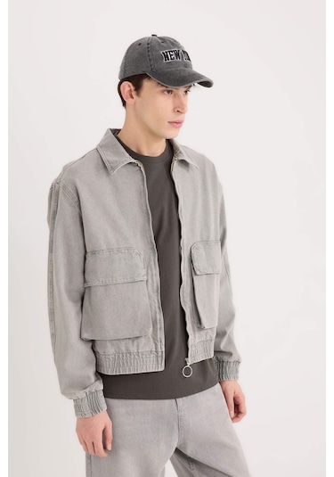 DeFacto Relax Fit Fermuarlı Cepli Jean Ceket C3414AX24AUNM55 Gri