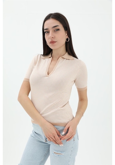 İnce Çizgili Polo Yaka Triko Kazak - Camel - Kadın Camel