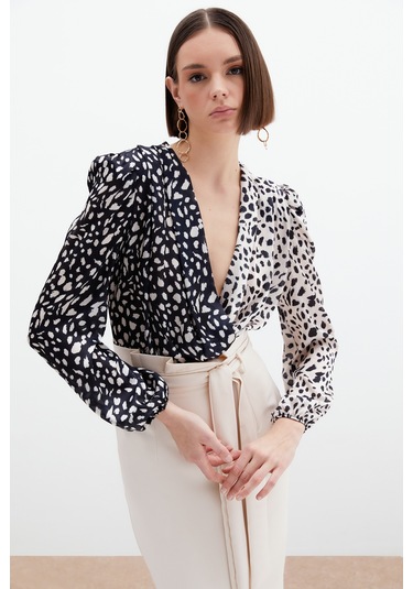 Sateen Kruvaze Desenli Bodysuit - Bej-Siyah