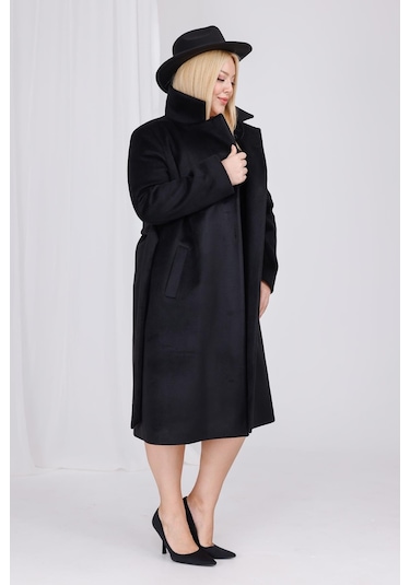 Kadın Siyah Yün Kaşe Kemer Ve Astar Detay Büyük Beden Kaban Siyah