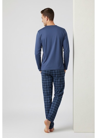 Erkek İnterlok Rahat Kalıp Sıfır Yaka Pamuk Pijama Takımı 6779 Mavi