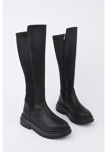 Muggo Nerox Kalın Taban Streç Detaylı Fermuarlı Kadın Çizme - Siyah