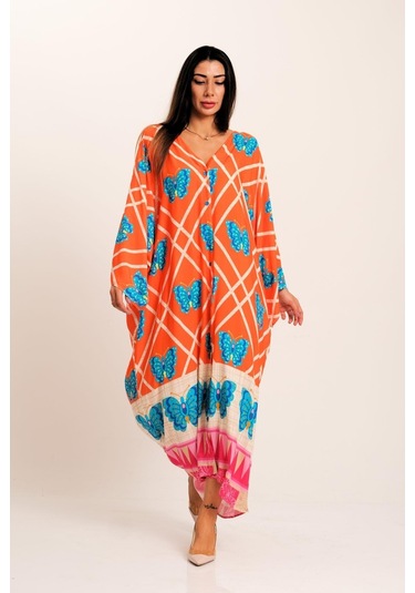 Kadın Turuncu Kelebek Desenli V Yaka Yarasa Kol Cepli Oversize Uzun Gömlek Elbise - Turuncu