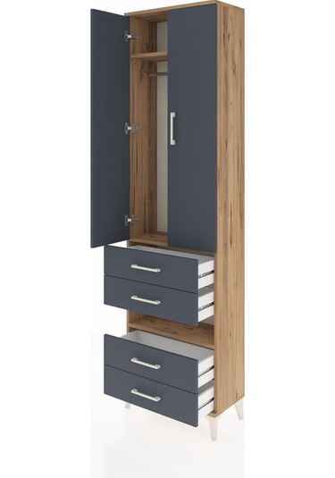 Arges Dolap 3 Raflı 4 Çekmeceli Tek Askılı 60x30x221 Çam-antr... Çam