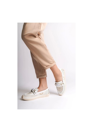 Lızy Bağcıksız Ortopedik Rahat Taban Çiçek Desenli Babet Ayakkabı Kt Beyaz Beyaz