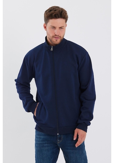 İçi Pamuklu Fermuarlı Dik Yaka Yan Cepli Erkek Lacivert Hırka 001