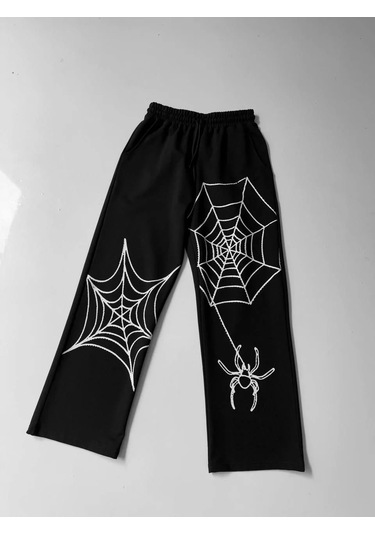 İki İplik Kumaş Örümcek Baskılı Esofman - Siyah Siyah