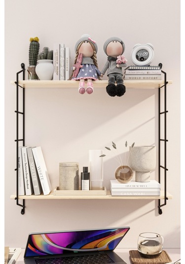 Bino Duvar Rafı Masif Doğal Ahşap Büyük Boy Geniş 2 Katlı Kitaplık Terek Mutfak Rafı Banyo Rafı