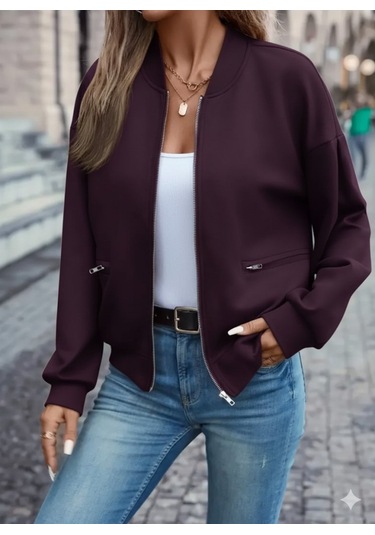 Kadın Uzun Kollu Önden Fermuarlı Cepli Modal Mürdüm Ceket Mürdüm