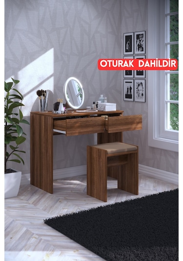 Dekorfim DF02102BR İki Çekmeceli Tabureli Makyaj Masası