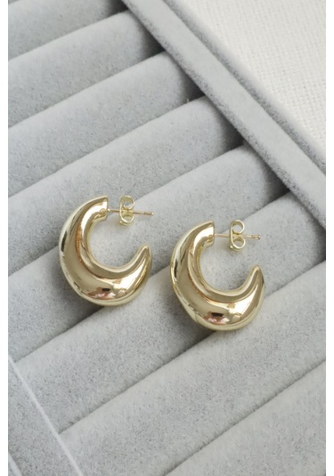 Kadın Küpe Kararmaz 14k Renk Vip Seri Tombik Hilal Küpe Altın