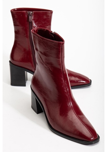 Bordo Kadın Kalın Topuklu Bot Rugan Küt Burun Yüzüdüz-4255 Bordo