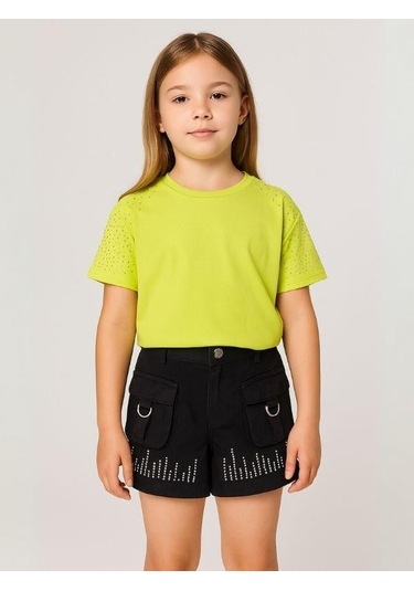 Kız Çocuk Taş İşlemeli Şort-15977 Siyah