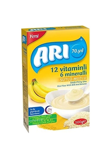 Arı 12 Vitaminli 6 Mineralli Sütlü Muzlu 6+ Ay Pirinç Unu 200 G
