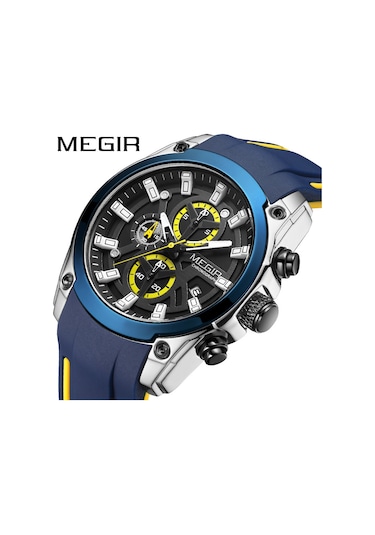 Marka Megir Megir Erkek Saati Çok Fonksiyonlu Kronograf Spor Silikon Erkek Kuvars Spor Saati 2144 Siyah Yüzlü Çelik Kabuk Mavi Kurdele Diğer