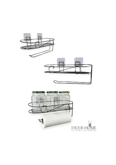 Paslanmaz Siyah Kendinden Yapışkanlı Mutfak Banyo Düzenleyici Kavanoz Havlu Kağıt Rafı Siyah