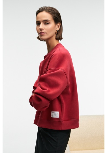 Grımelange Serenya Kadın Pamuklu Etiket Detaylı Bisiklet Yaka Kırmızı Sweatshirt Kırmızı