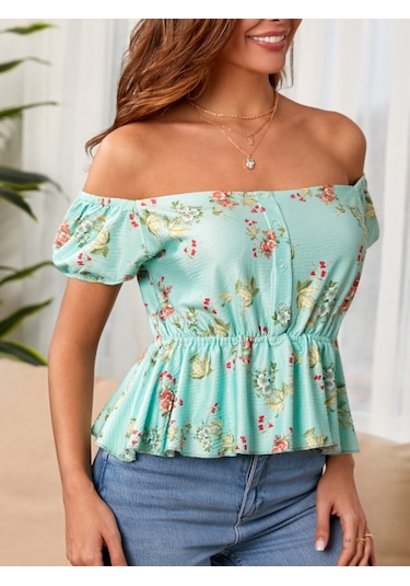 Munn Collection Kadın Kısa Kollu Madonna Yaka Çiçek Desenli Düğme Detay Gipeli Süprem Kumaş Bluz Yeşil