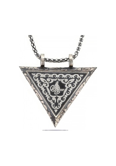 925 Ayar Gümüş Üçgen İçi Açılabilen Tuğra Muskalık Gümüş Kolye T6058 599599 Gümüş