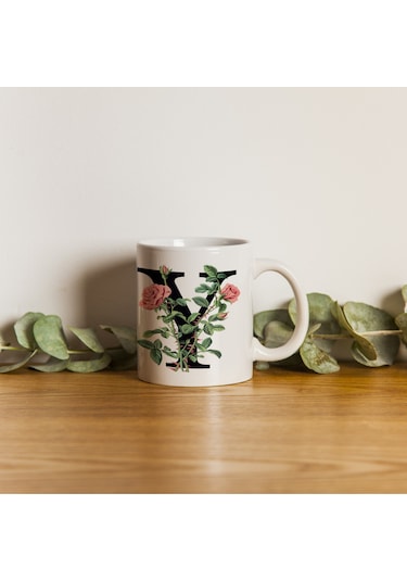 Y Baş Harf Kırmızı Güller İle Sarılı Bardak 330 Ml Kişiye Özel Çiçekli Hediye Beyaz