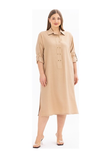 Galaxi Kadın Büyük Beden Katlanabilir Kol Düğmeli Elbise 4008 Camel