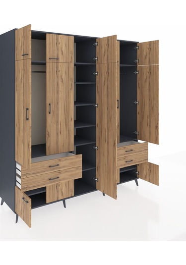 Kronos Dolap 12 Raflı 4 Çekmeceli 2 Askılı 220x59x243 Antrasit-çam/çam Atlas Çam/atlas Çam