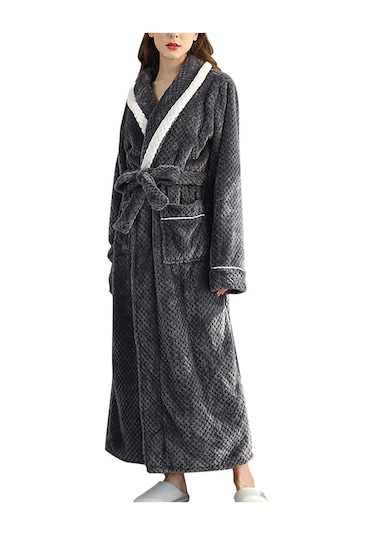 Bayan Sabahlık Flanel Cepli Havlu Sabahlık Kadın Bornoz Kemerli Mavi