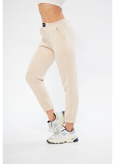 Lesa Wear Yüksel Bel Jogger Şardonlu Eşofman Altı Paçası Lastikli Bej