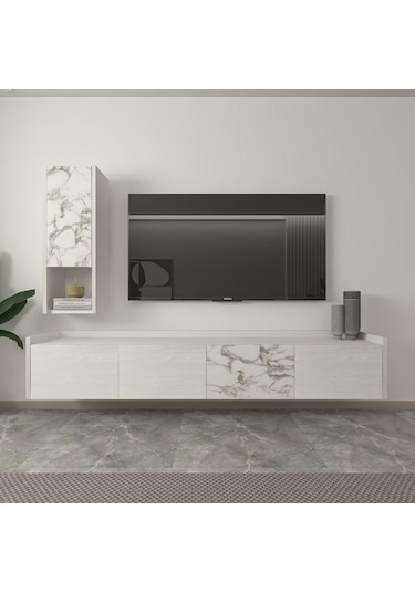 T007 Duvara Monte, Raflı Tv Ünitesi, Tv Sehpası - Ahşap Beyaz/mermer Ahşap Beyaz/mermer