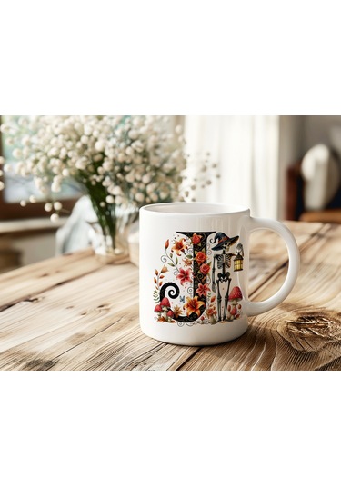 J Harfi Şapkalı İskelet Figürlü Ve Çiçekli Kupa Bardak - Cadılar Bayramı / Halloween Özel Hediye 07 Beyaz