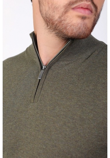 Ferraro Haki Dik Yaka Düz Renk Pamuk Erkek Kazak Haki