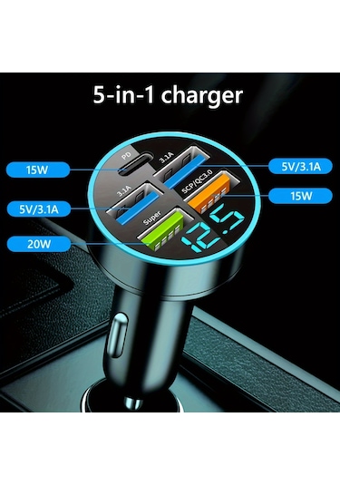 5 Port Usb Süper Hızlı Şarj Akıllı Telefon Şarj Algılama Dijital Ekran Araç Adaptörü Cep Telefonu Şarj Cihazı