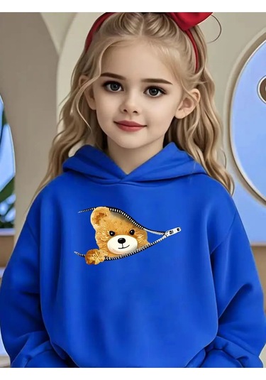 Kızlar İçin Sonbahar Kışlık Kapüşonlu Sweatshirt Fermarlı Ayıcık Mavi