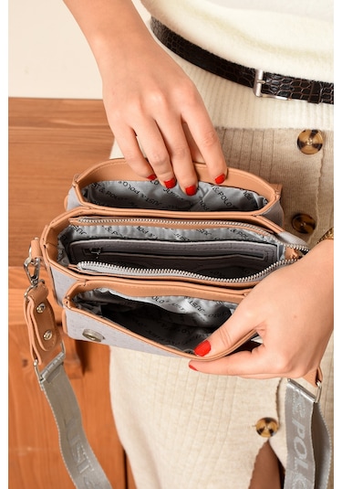 Just Polo Yeni Sezon Kolon Askılı 4 Bölmeli Kadın Omuz Çantası Ve Cüzdan Kombini Pbu217402 Gri Taba Gri -Taba