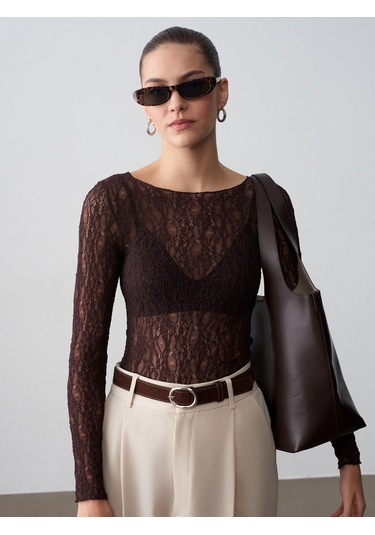 Dilvin 32764 Kayık Yaka Dantel Top-koyu Kahve