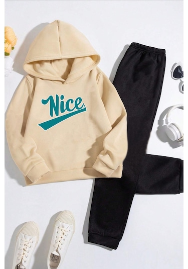 Çocuk Nice Baskılı Eşofman Takımı Bej - Siyah