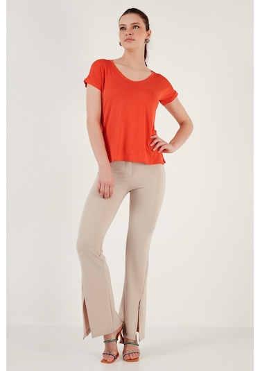 Lela V Yaka Rahat Kesim Yırtmaçlı Bayan Bluz 5862000 Nar Çiçeği